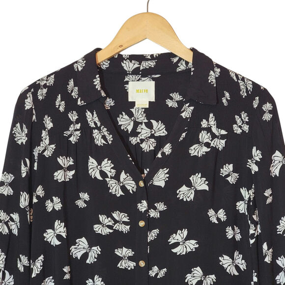 Anthropologie Maeve Black White Bow Print Shirt Long Sleeve Feminine Blouse 4 - Picture 3 of 16